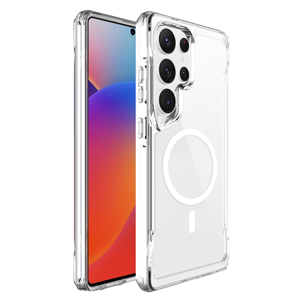İçinde telefon olan şeffaf telefon kılıfı. Telefonun renkli bir ekranı var. Kılıfta beyaz bir daire ve eksi işareti var.