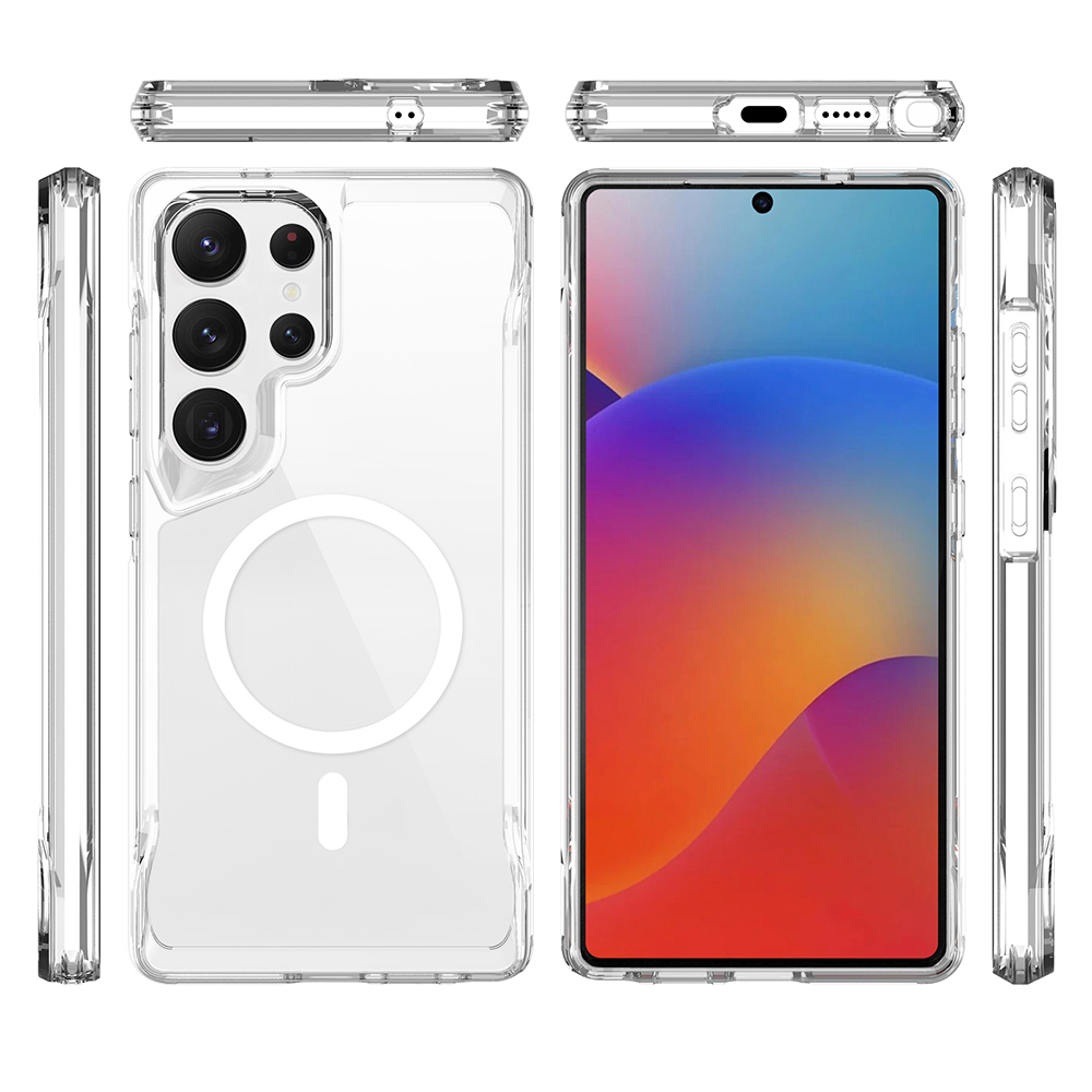 Telefonlu şeffaf telefon kılıfı. Ekran, renkli soyut bir görüntü gösteriyor.