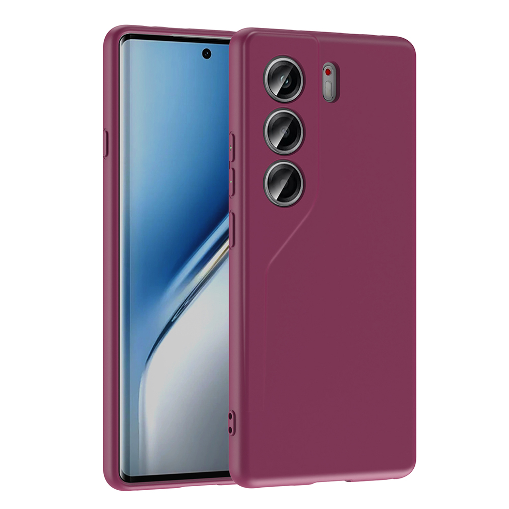 İçinde bir telefon bulunan bordo bir telefon kılıfı. Telefonda bir ekran ve kılıfta üç kamera ve bir flaş var.