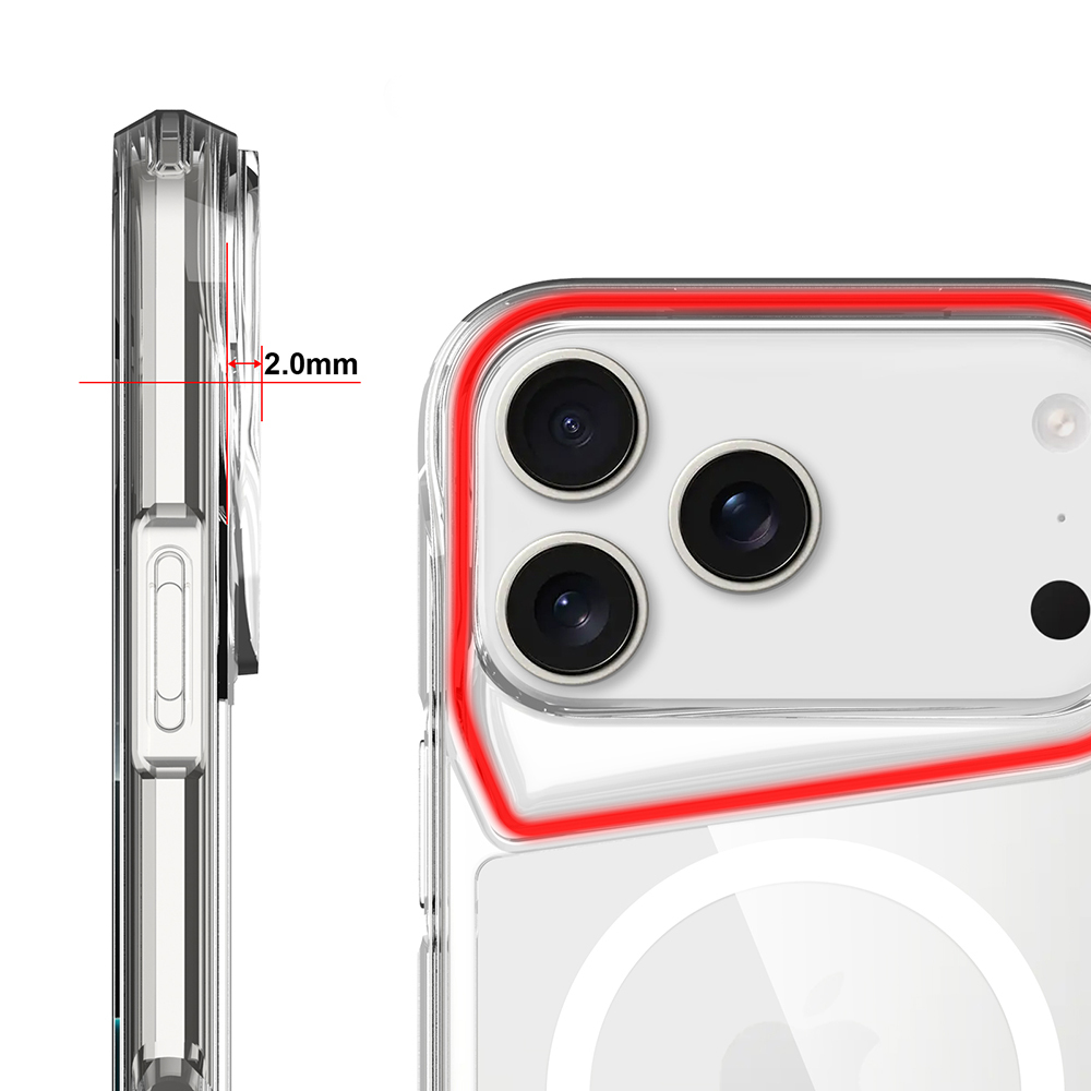 Kırmızı çerçeveli şeffaf telefon kılıfı, kamera lenslerini ve 2,0 mm ölçümle yan görünümü gösteriyor.
