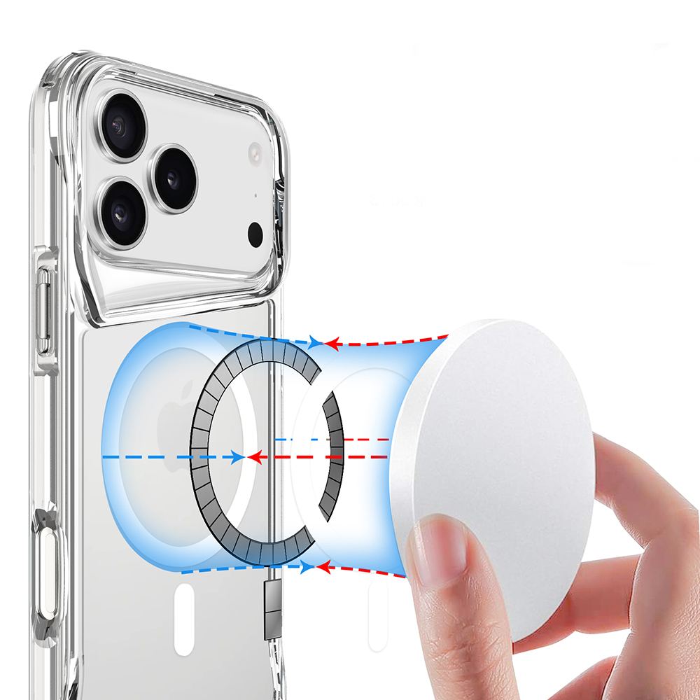iPhone'lu şeffaf telefon kılıfı, beyaz dairesel şarj cihazı ve manyetik bağlantı hatları. Şarj cihazını tutan el.