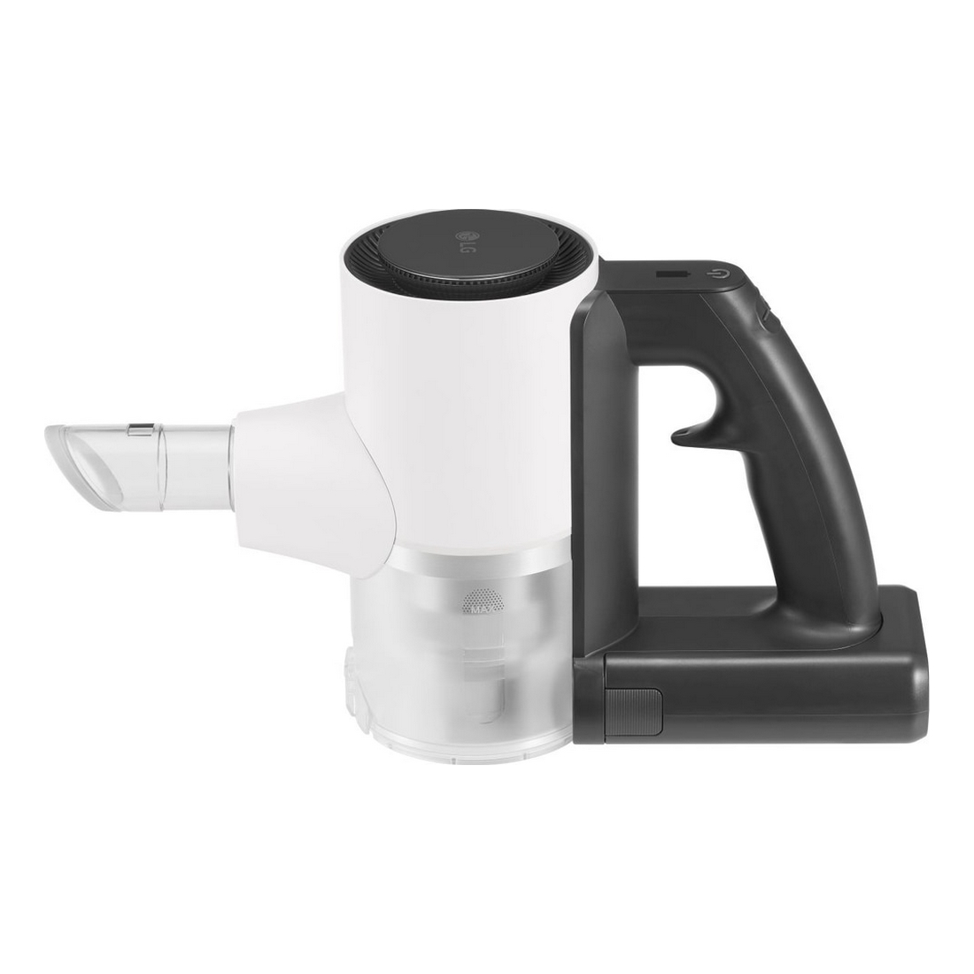 Un aspirapolvere senza fili LG bianco e nero. Ha un'impugnatura e un contenitore della polvere trasparente. Il design è moderno ed elegante.