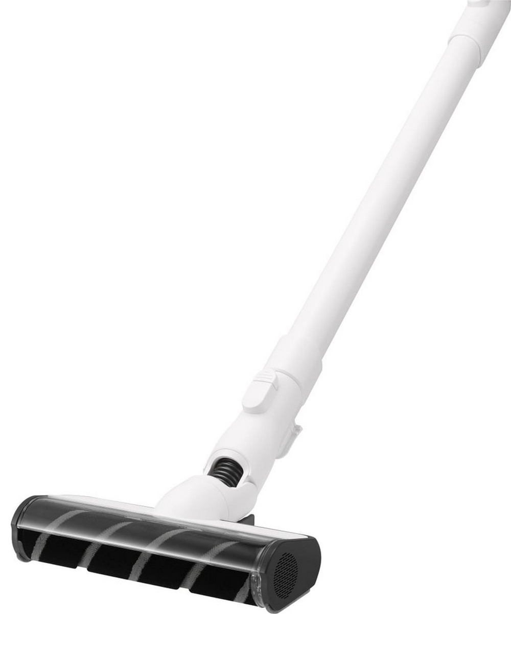 Un aspirapolvere bianco senza fili su sfondo bianco. Ha una testina nera e un manico bianco.