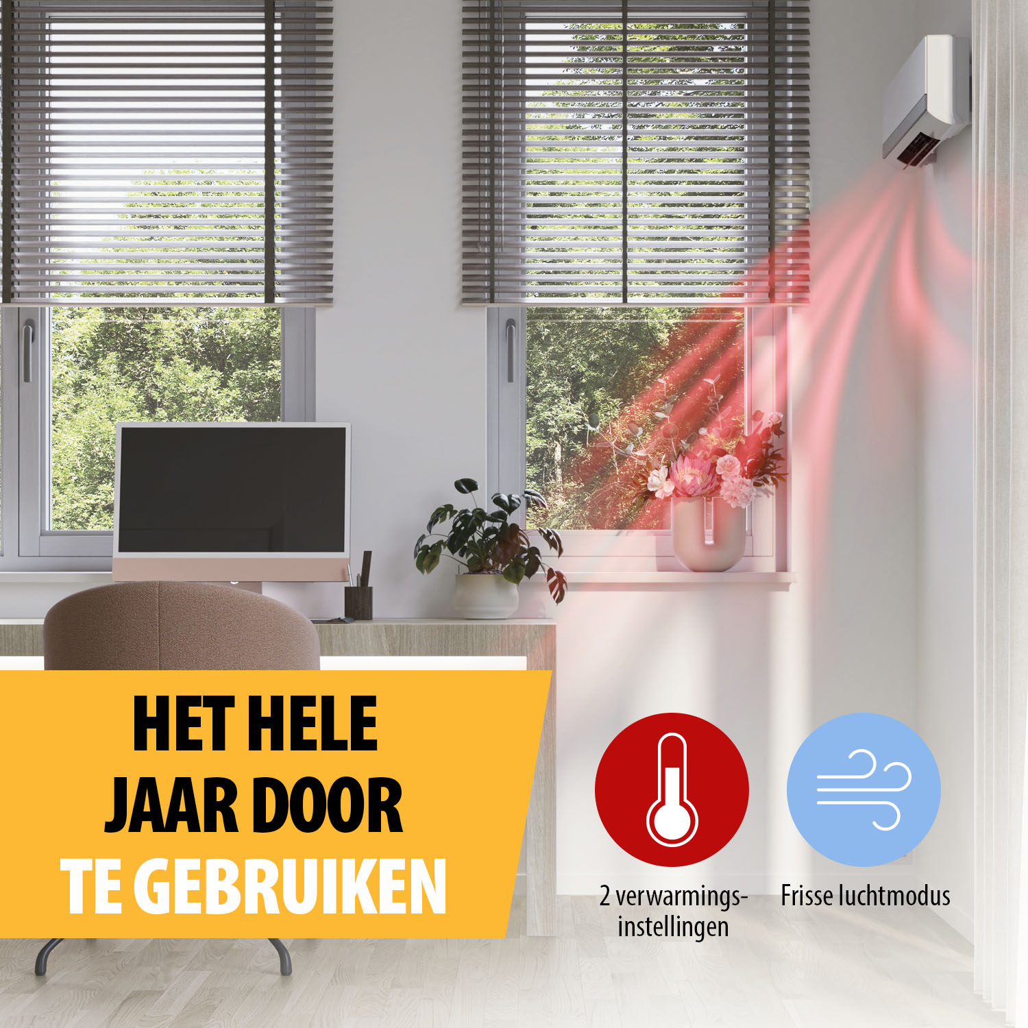 Biuro z komputerem i grzejnikiem. Grzejnik emituje czerwone ciepło. Żaluzje zakrywają okna. Tekst w języku niderlandzkim: 'Het hele jaar door te gebruiken'.