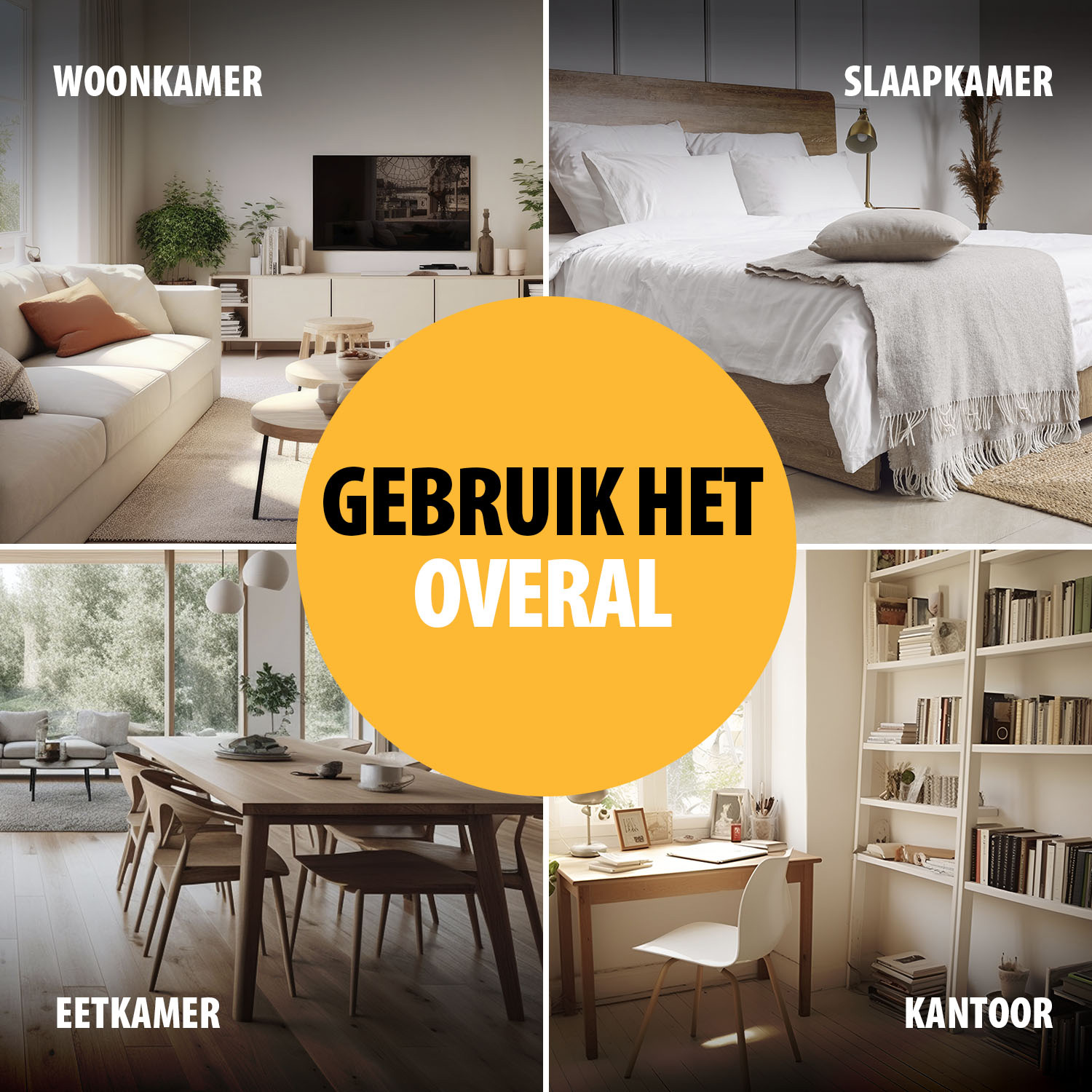 Obraz pokazuje cztery sceny aranżacji wnętrz: salon, sypialnię, jadalnię i biuro, wokół centralnego żółtego okręgu z tekstem.
