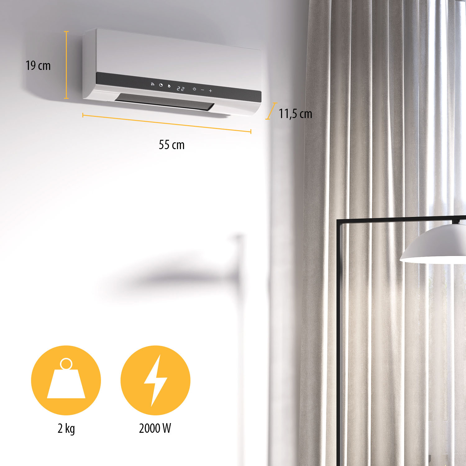 Biały grzejnik zamontowany na białej ścianie. Wymiary: 19cm x 55cm x 11.5cm. Ikony informacyjne: 2 kg, 2000 W.