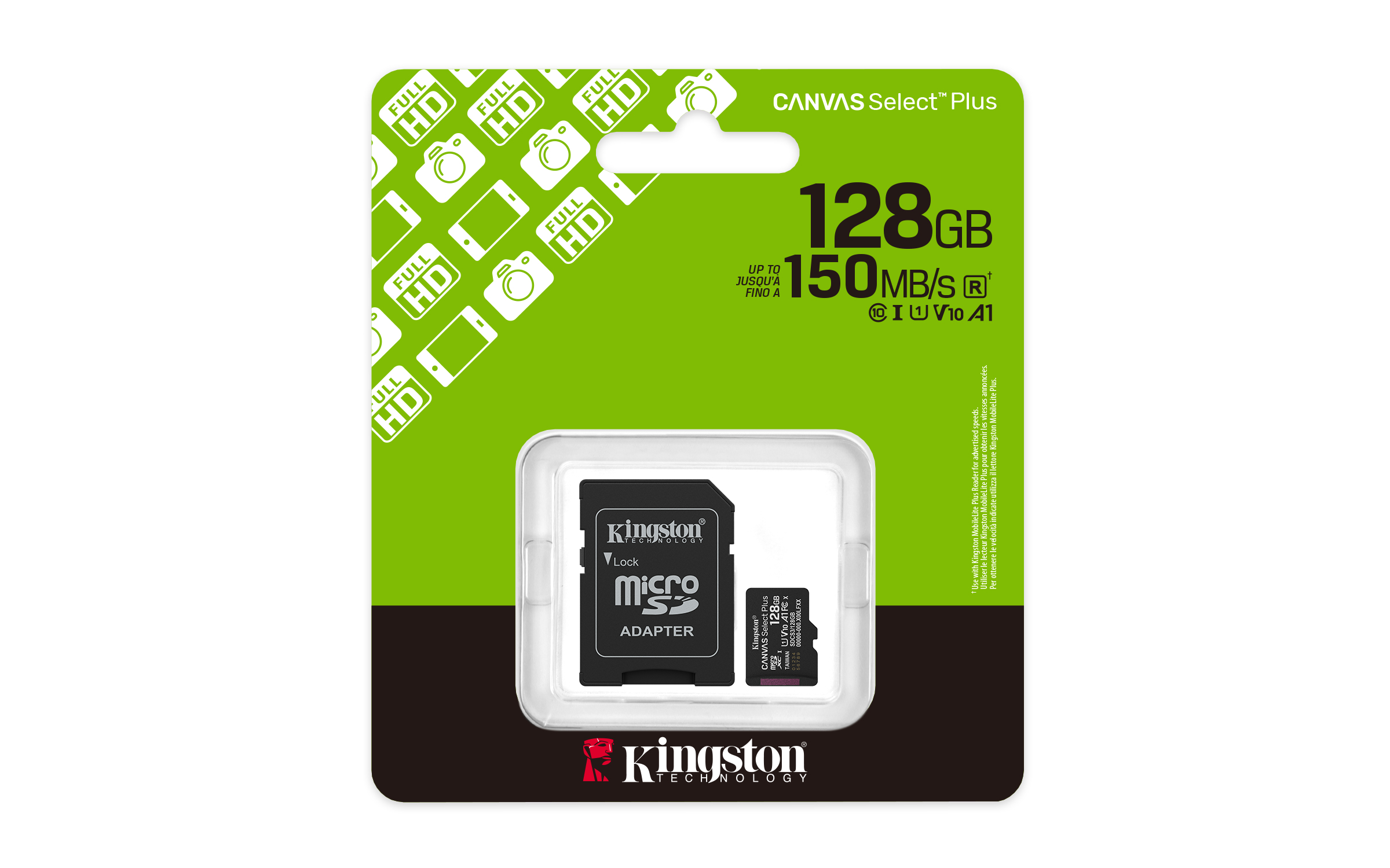 Eine Kingston 128GB Speicherkarte in einer grün-schwarzen Verpackung. Produktname, Kapazität und Geschwindigkeit.