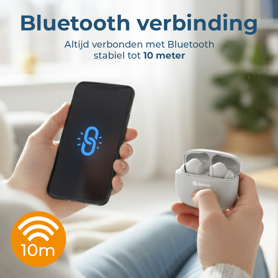 A person holds a smartphone displaying a Bluetooth icon and earbuds case. The image promotes Bluetooth connectivity.