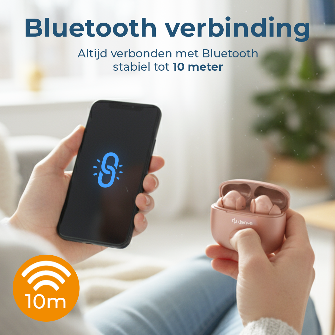 Una persona tiene telefono e auricolari. Il telefono mostra il simbolo Bluetooth. Cerchio arancione con segnale wifi e 10m. Il testo dice connessione Bluetooth.