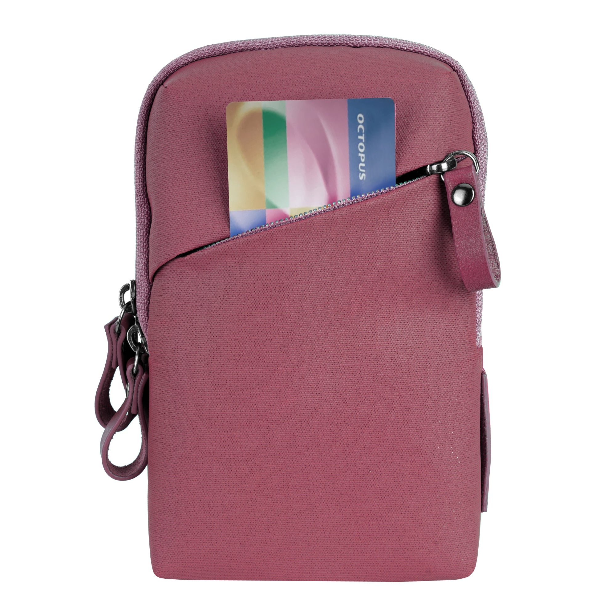 Una funda de teléfono granate con una tarjeta Octopus parcialmente visible en el bolsillo delantero.
