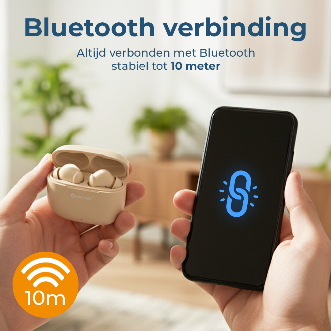 Dłonie trzymające słuchawki i telefon z symbolem Bluetooth. Tekst wskazuje połączenie Bluetooth do 10 metrów.