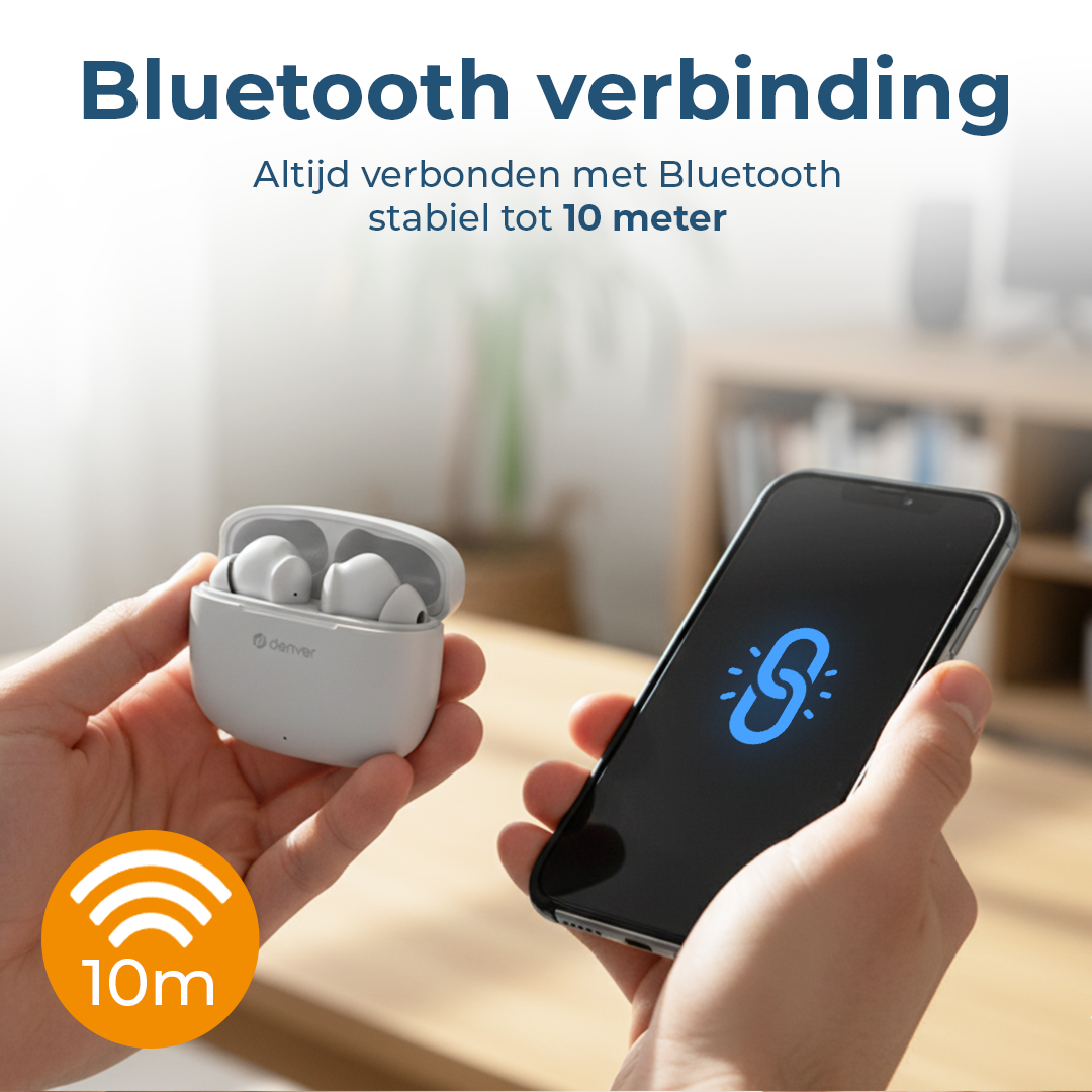 Dłonie trzymające słuchawki i telefon. Telefon wyświetla symbol Bluetooth. Pomarańczowe koło z 10m.