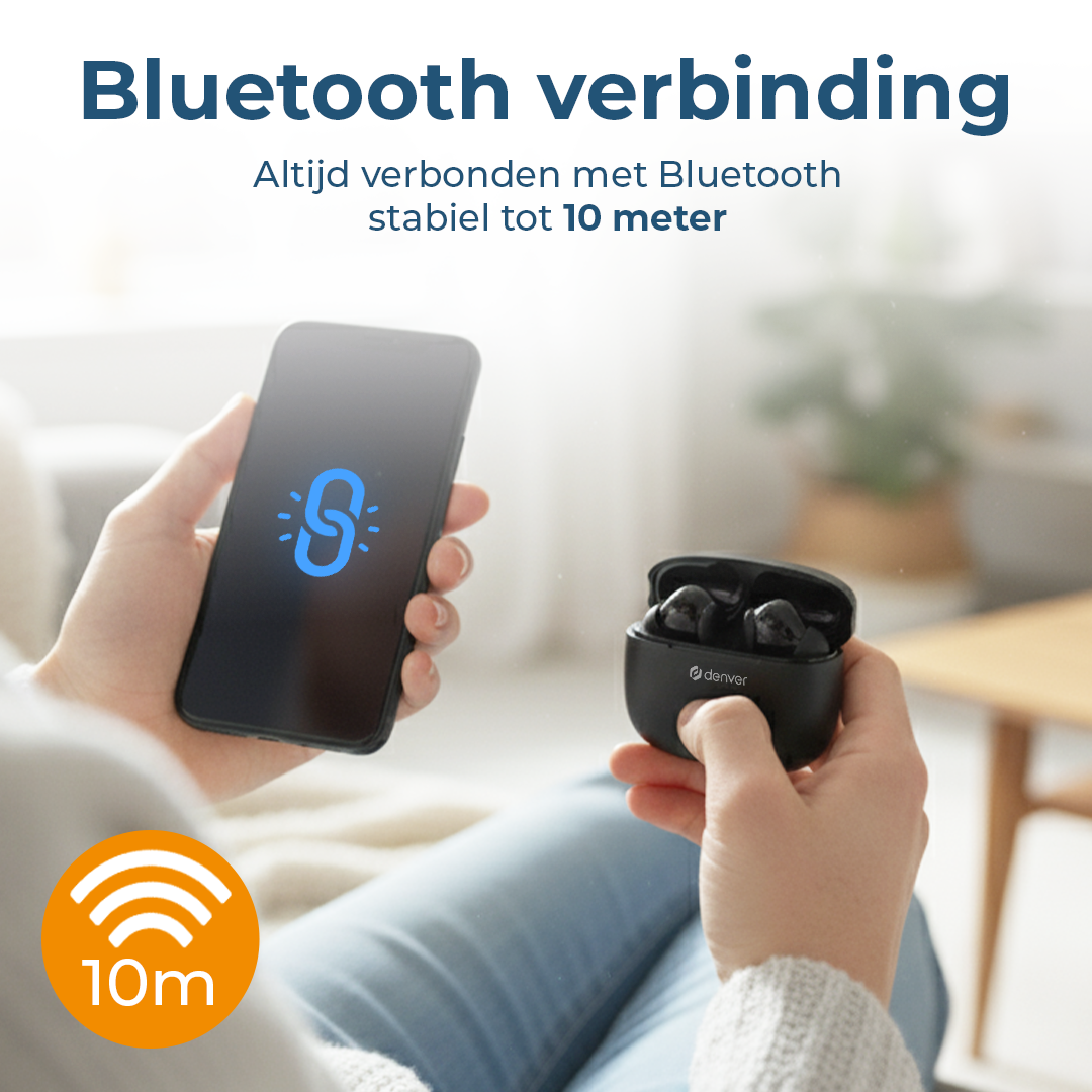 Een persoon die een smartphone met een Bluetooth-logo en een hoesje met oortelefoons vasthoudt. Oranje WiFi-pictogram met een bereik van 10 m.