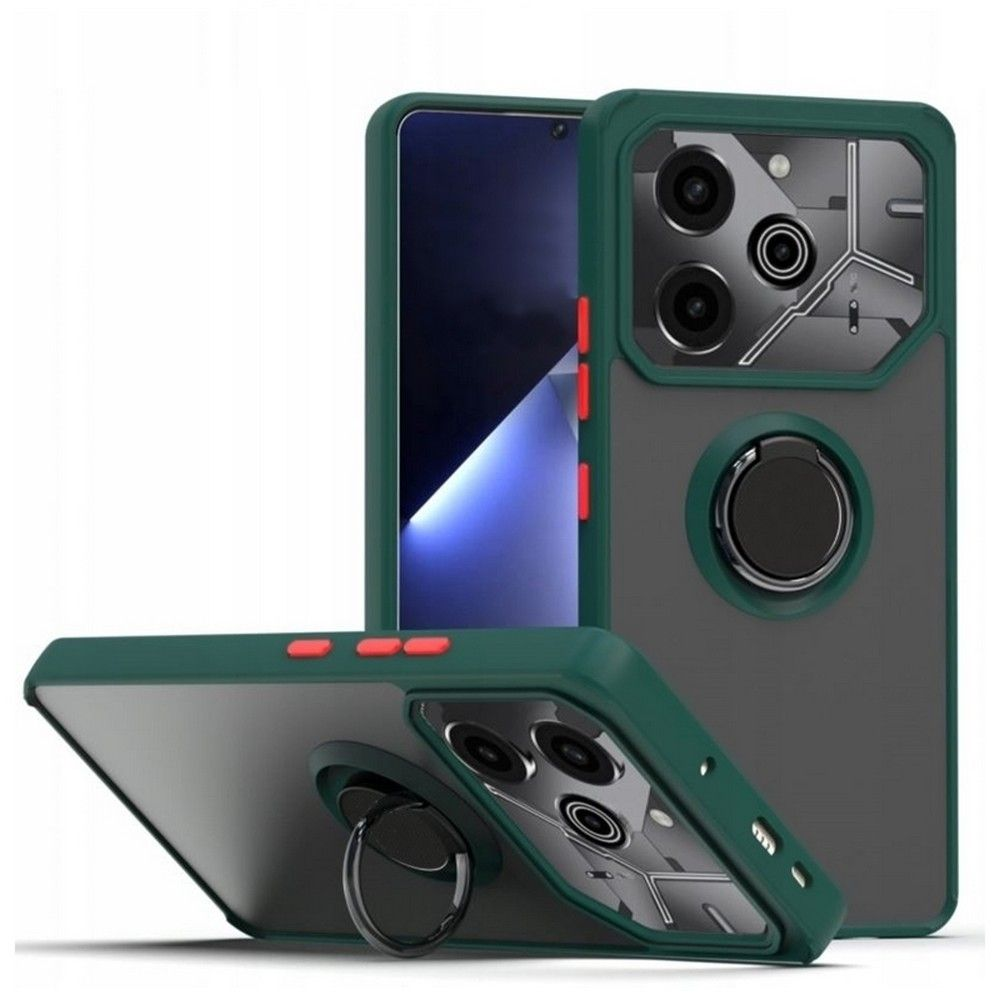 Halkalı tutucuya sahip yeşil telefon kılıfları. Bir kılıf, bir telefon ekranını göstermek için açıktır. İki kılıfın kamera kesikleri vardır.