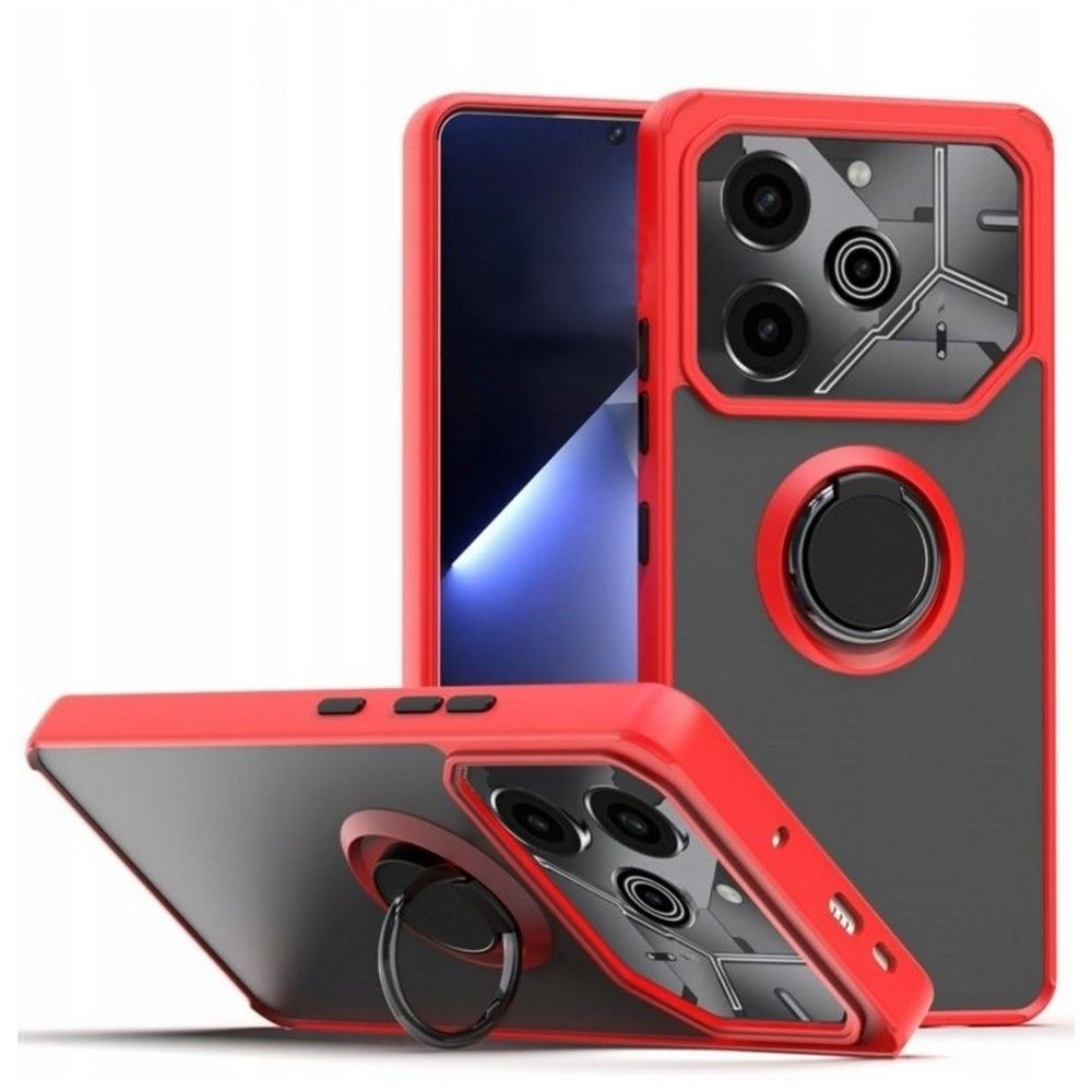 Halkalı tutucuya sahip kırmızı ve siyah telefon kılıfları. Bir kılıf açıktır, telefon ekranını gösterir.