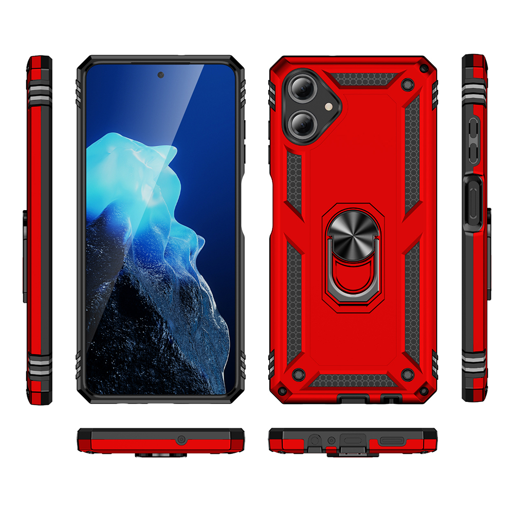 Çoklu görünümlü bir telefon kılıfı. Halkalı tutucu, ekran mavi soyut sanat gösteriyor. Kenarlar görünür.