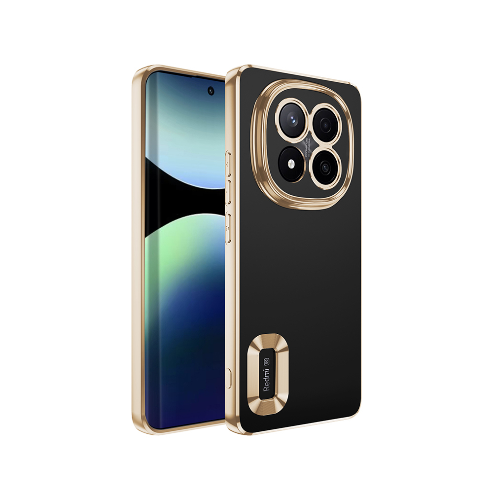 Altın detaylı siyah telefon kılıfı, telefon ekranı görünür. Arkasında çoklu kamera ve Redmi logosu var. Beyaz zeminde izole edilmiş.