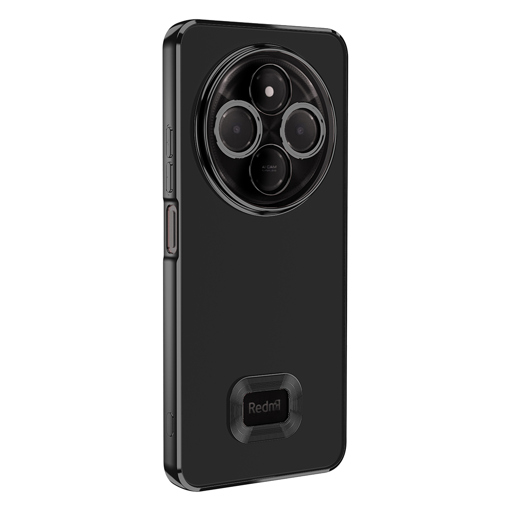 Üç lensli kamera tasarımına sahip siyah bir telefon kılıfı. Redmi logosu altta. Kılıf parlak.