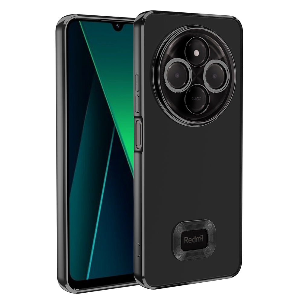 Koruyucu kılıfı olan siyah bir akıllı telefon. Telefonun büyük bir kamera modülü ve arkada Redmi logosu var.