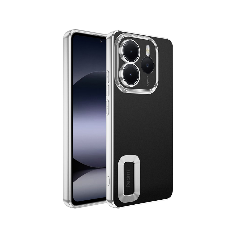 Şeffaf çerçeveli siyah bir telefon kılıfı görüntüleniyor. Telefonun bir ekranı ve üç kamera merceği var. Redmi logosu görünür.