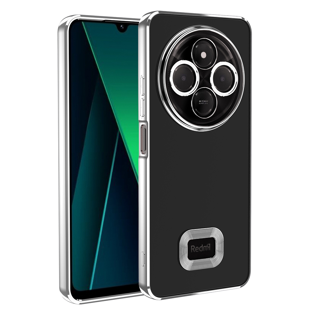 Gümüş çerçeveli siyah bir akıllı telefon. Arkada bir kamera modülü ve Redmi logosu bulunuyor. Ekran yeşil bir tasarım gösteriyor.