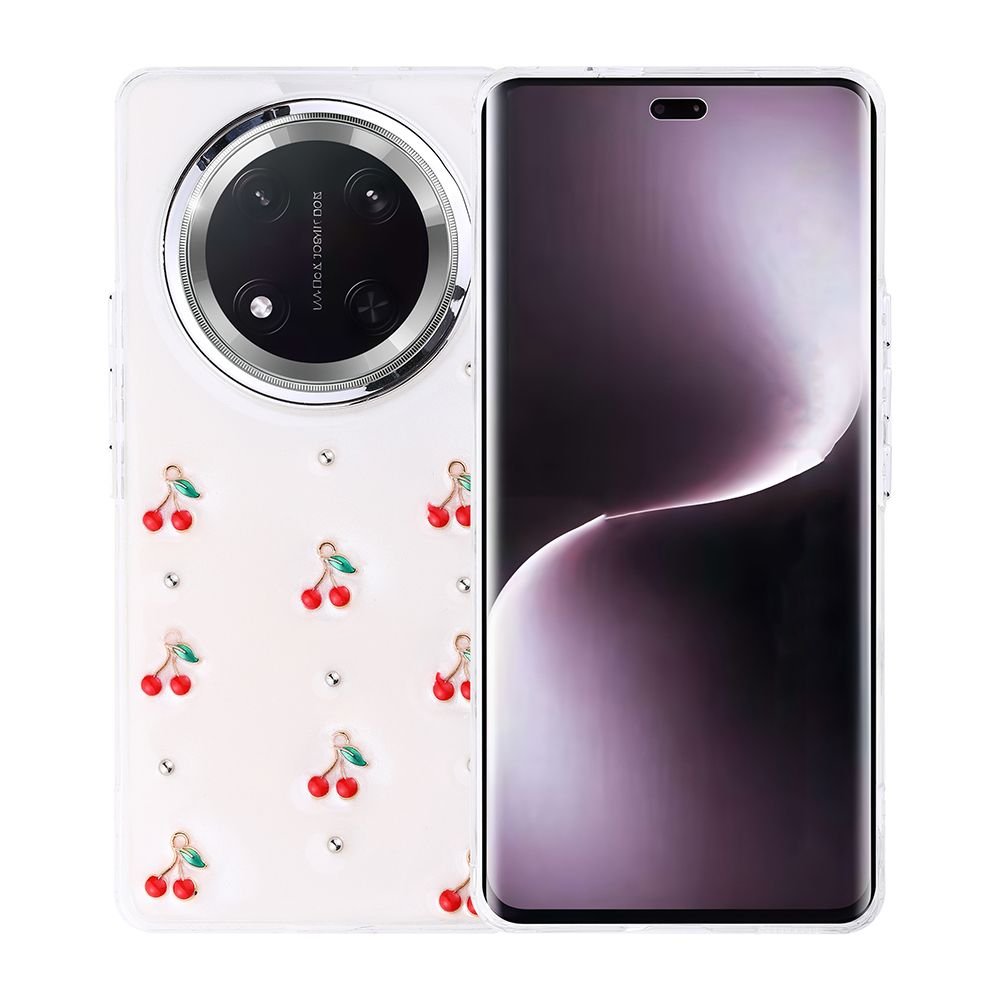 Beyaz zemin üzerine kiraz desenli bir telefon kılıfı. Ekran, mor ve beyaz geçişi gösteriyor.