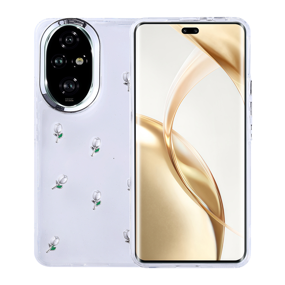 Beyaz lale desenli şeffaf telefon kılıfı. Telefonun altın ve beyaz bir ekranı ve arkada birden fazla kamerası var.
