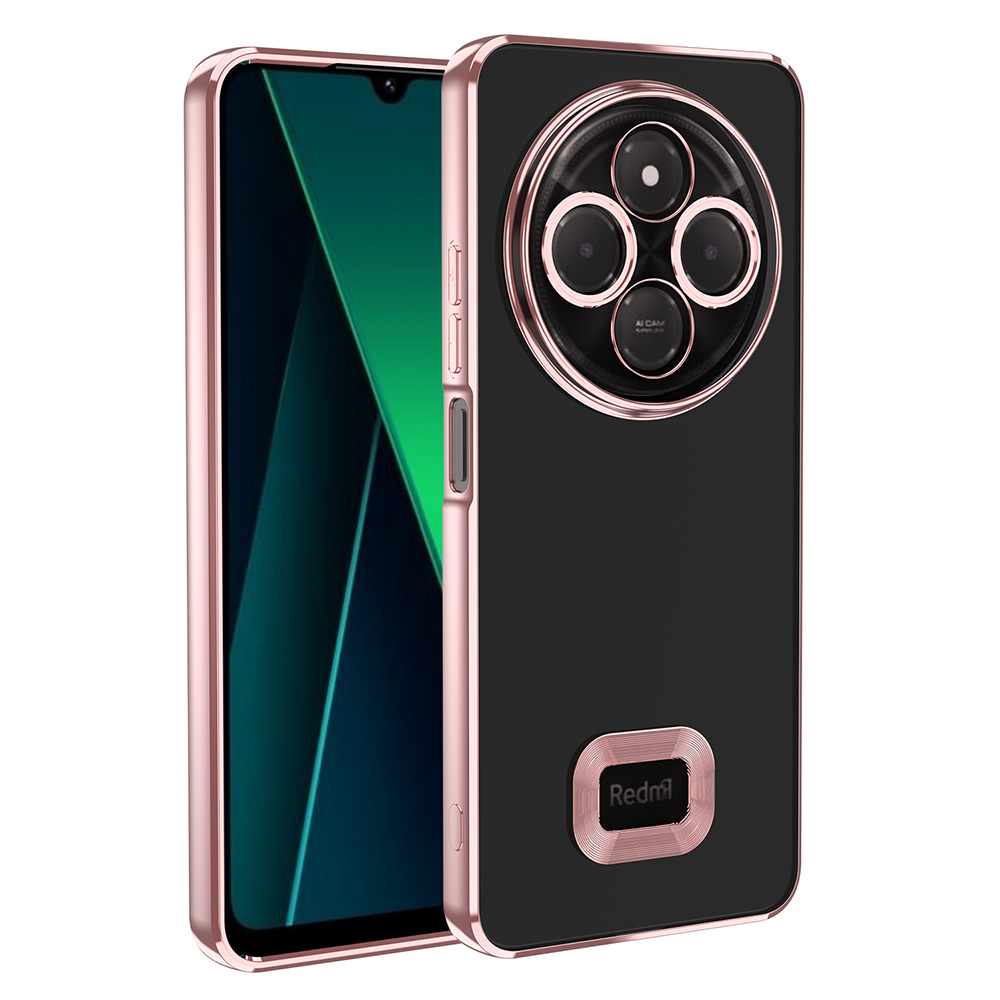 Gül altın rengi detaylara sahip siyah bir telefon kılıfı. Çoklu kamera lensleri ve Redmi logosu var.