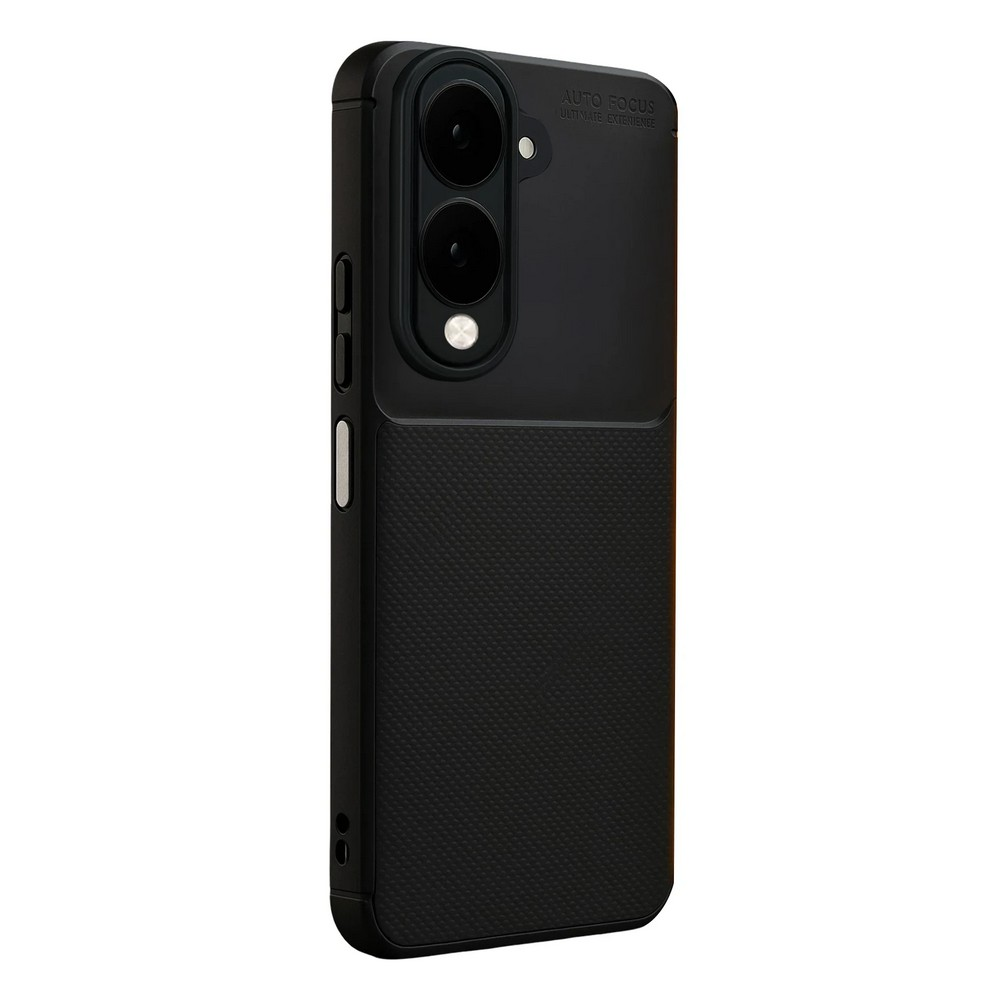 Dokulu alt kısmı ve iki kamera merceği ile 'AUTO FOCUS' yazılı pürüzsüz üst bölümü olan siyah bir telefon kılıfı.
