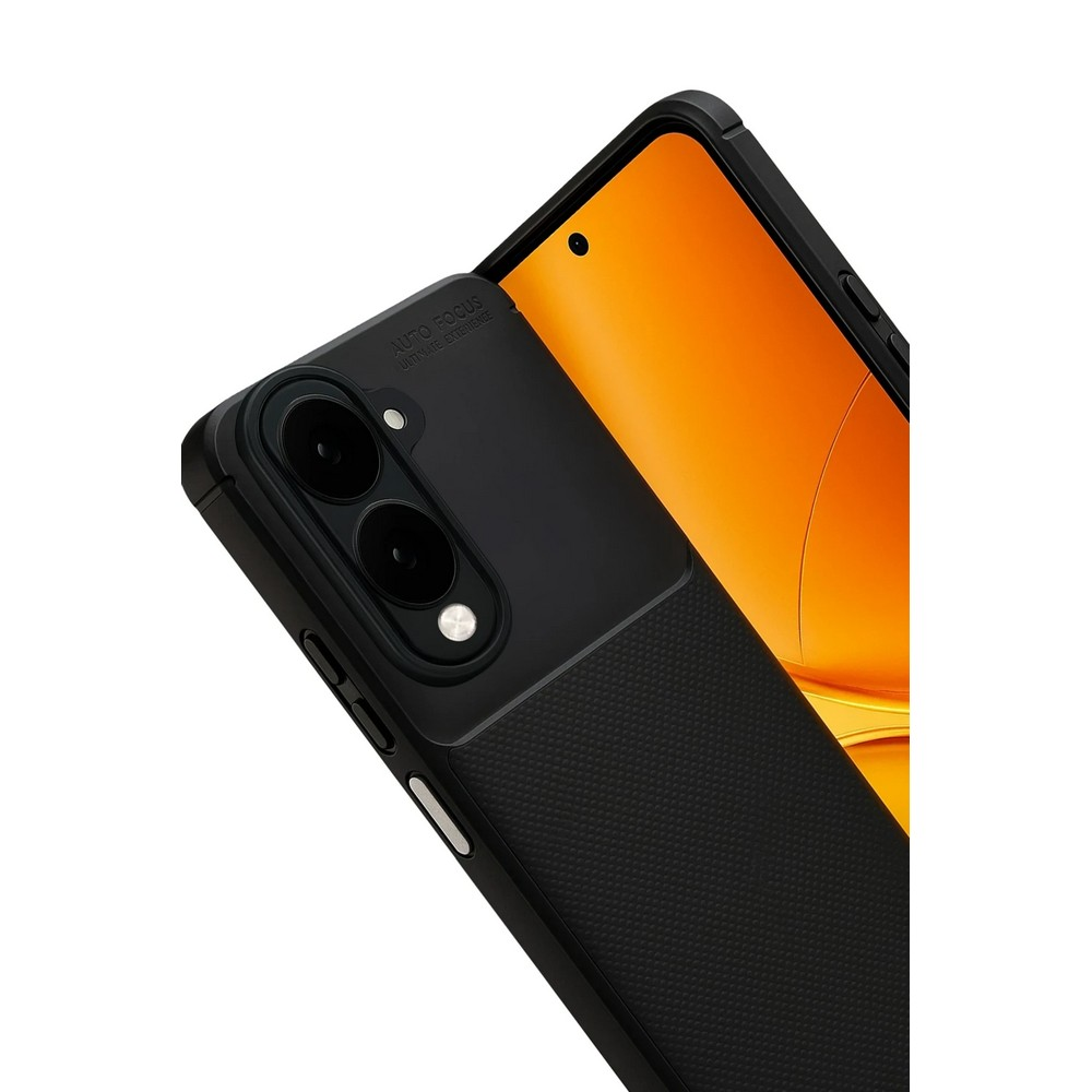 Siyah akıllı telefon kılıfı ile, açılı görünüm. Turuncu ekran görünür. Kamera lensleri, düğmeler ve dokulu arka panel içerir. Otomatik odaklama metni.