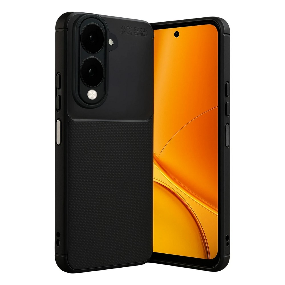 Dokulu alt kısma sahip siyah bir telefon kılıfı. Kamera kesimi var ve turuncu ekranlı bir telefonu koruyor.