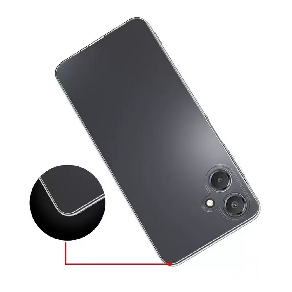Şeffaf bir kılıfla bir akıllı telefon arka kapağı, kamera lenslerini gösteriyor. Telefon köşesinin yakınlaştırılmış bir dairesi var.