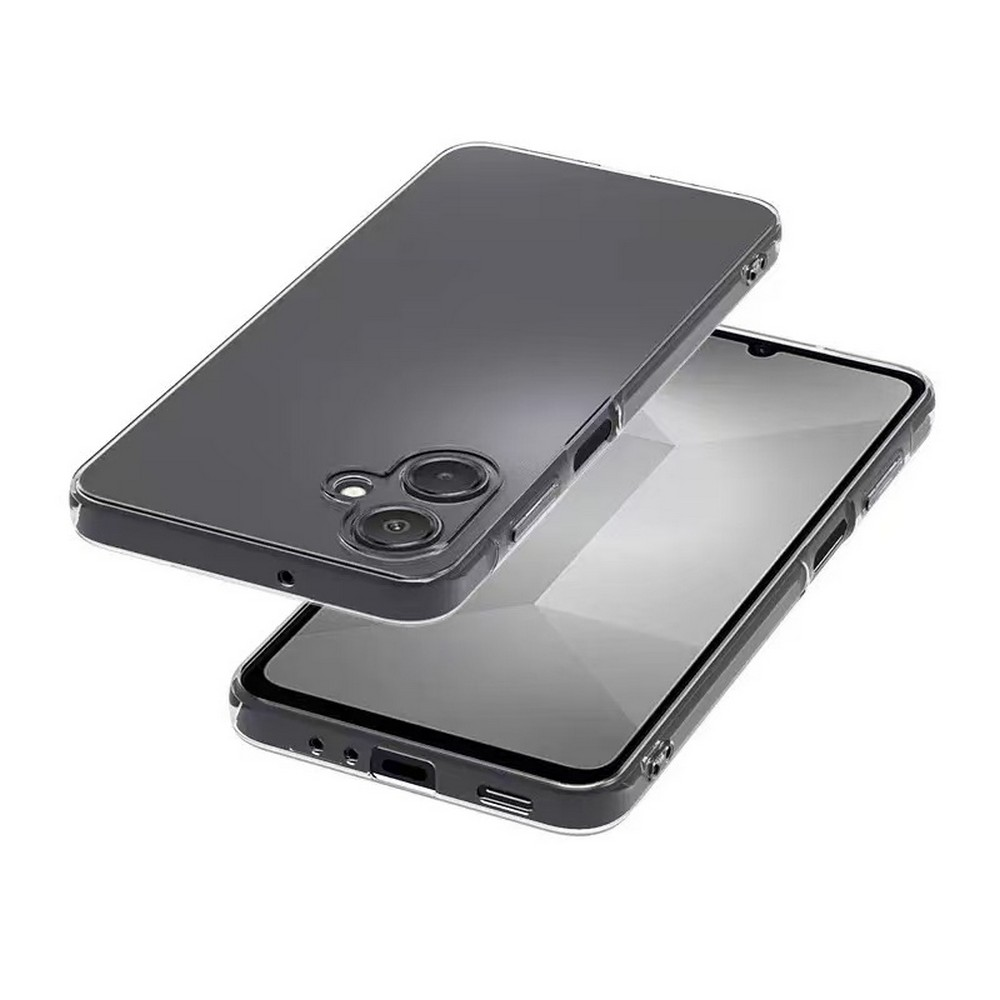 Şeffaf bir telefon kılıfı, bir telefonun üzerinde duruyor. Kılıfın kamera kesikleri var. Telefon ekranı ışığı yansıtıyor.