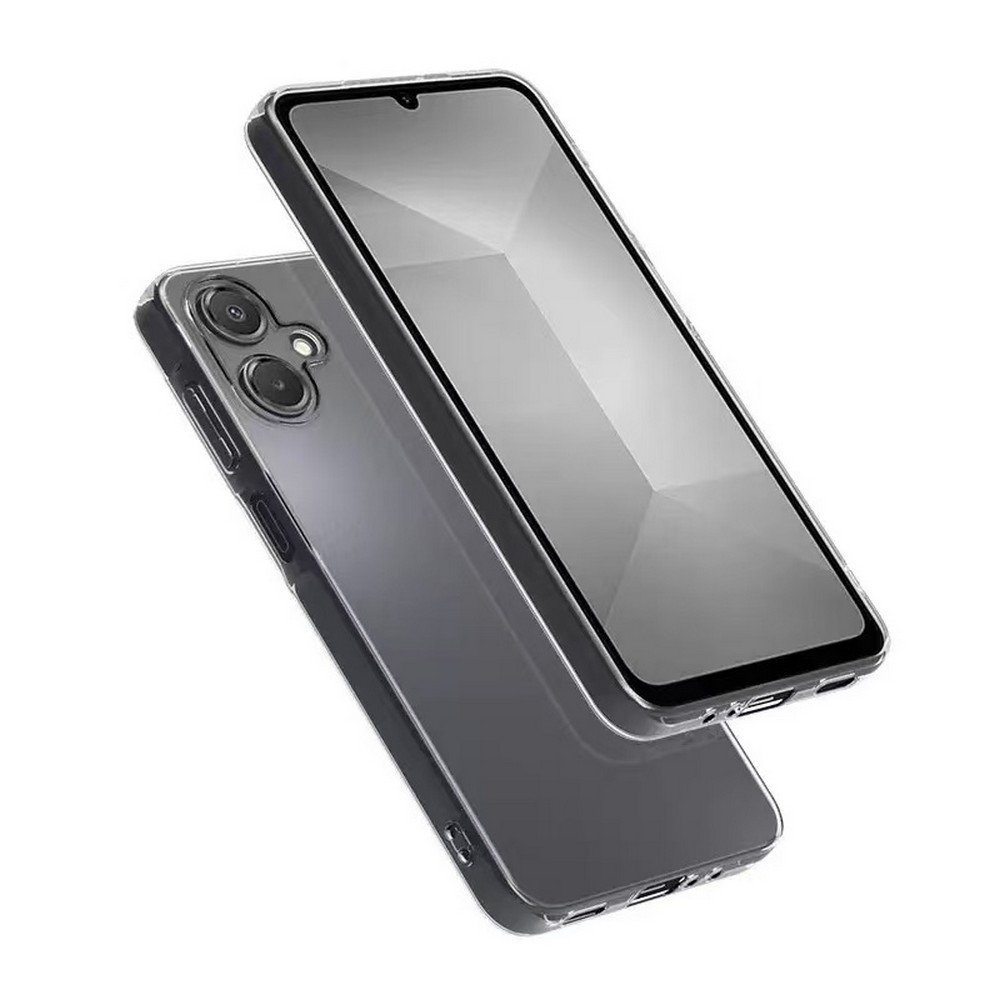 İki şeffaf telefon kılıfı. Biri ekranı göstermek için açılı, diğeri altında. Her ikisinde de kamera ve düğmeler var.