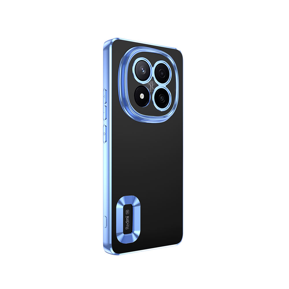 Mavi çerçeveli siyah bir telefon kılıfı. Bir kamera dizisi ve Redmi logosu var. Arka plan beyaz.