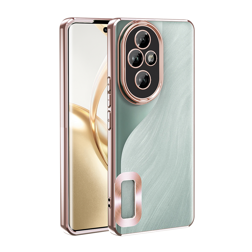 Yeşil ve pembe altın renkli bir telefon kılıfı. Kamera çıkıntısı ve metal çerçevesi var. Telefon ekranı görülebilir.