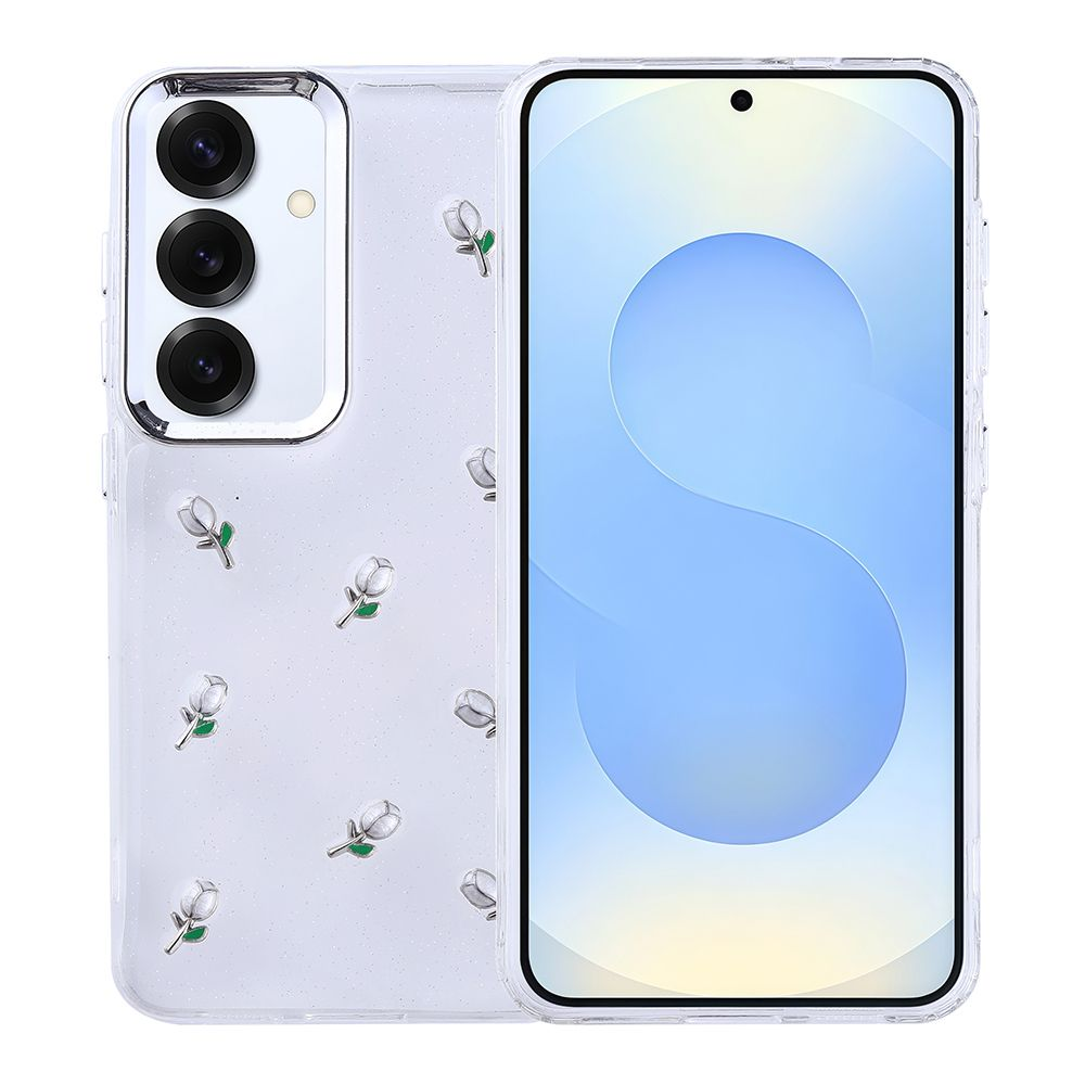 Çiçek desenli şeffaf bir telefon kılıfı. Telefon ekranı açık mavi bir geçiş gösteriyor. Arkada üç kamera var.