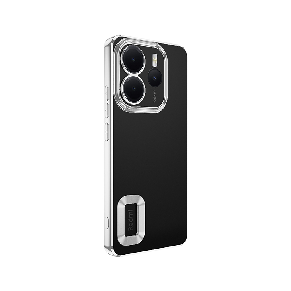 Şeffaf kılıf içinde siyah bir akıllı telefon. Telefonun üçlü lens kamerası ve altta bir Redmi logosu var.