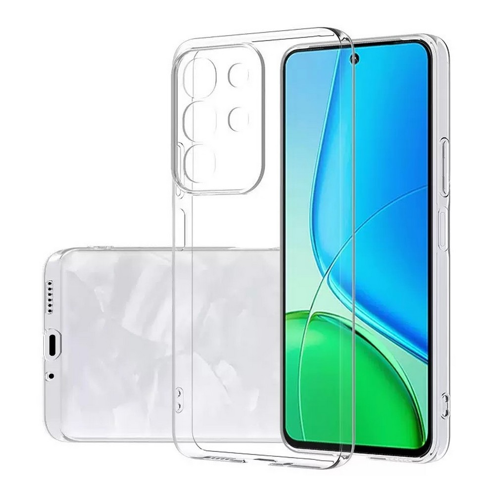 İçinde bir telefon bulunan şeffaf bir telefon kılıfı. Ekran mavi ve yeşil bir tasarım gösteriyor. Kılıf şeffaf.