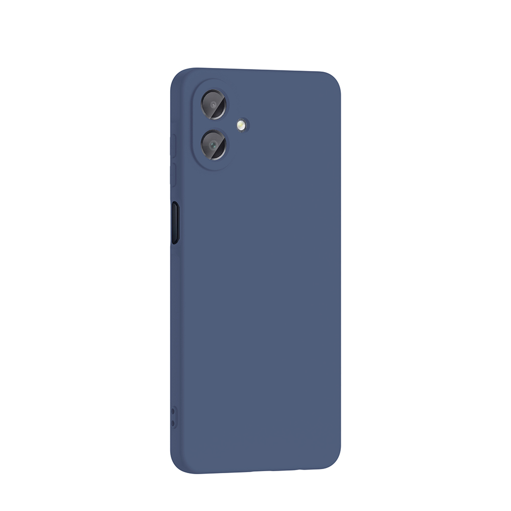 Koyu mavi bir telefon kılıfı. İki kamera deliği, ses düğmeleri ve bir güç düğmesi vardır. Arka plan düz beyazdır.