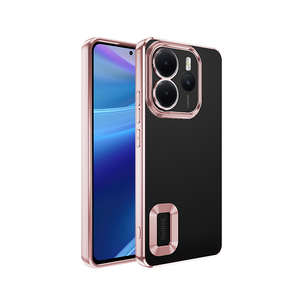 Rose altın kılıf içinde siyah bir akıllı telefon. Telefonun solunda bir ekran ve arkasında bir kamera modülü var.
