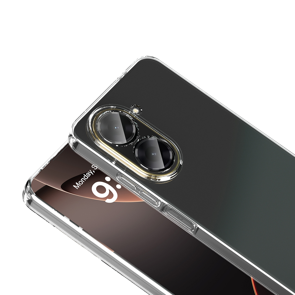 Saat ve tarihi gösteren bir telefonun üzerinde şeffaf bir telefon kılıfı. Kılıf, kamera lenslerini kaplar.