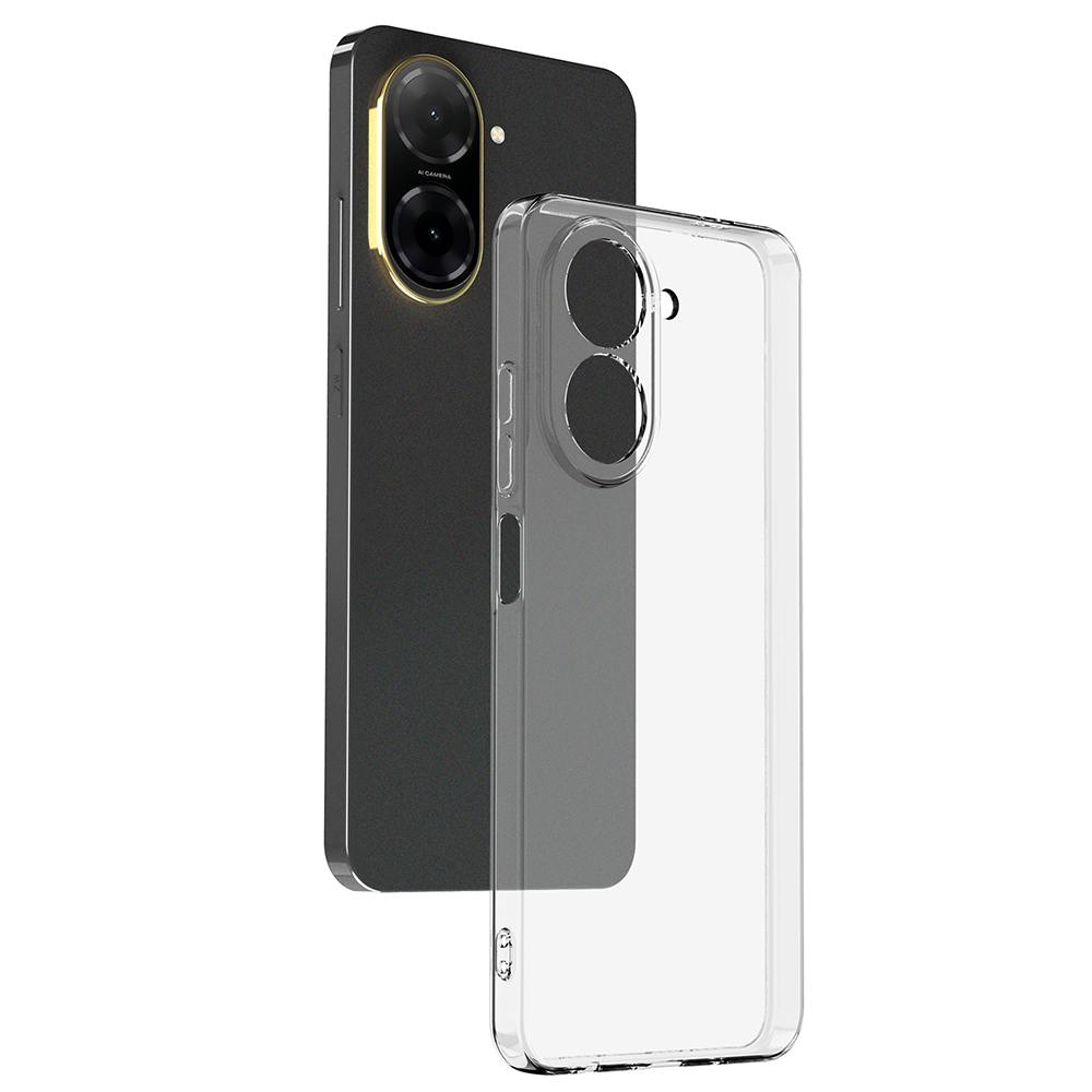 Koyu gri bir akıllı telefon ve şeffaf bir telefon kılıfı. Telefonun altın rengi kamera çerçevesi var. Kılıf şeffaf plastikten yapılmış.
