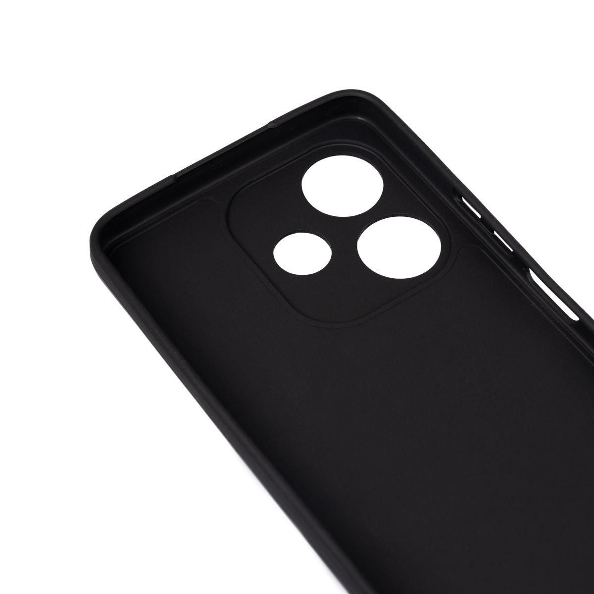 Üç kamera deliği olan siyah bir telefon kılıfı. Kılıf açılı olarak, içini ve kenarlarını gösteriyor. Arka plan beyaz.