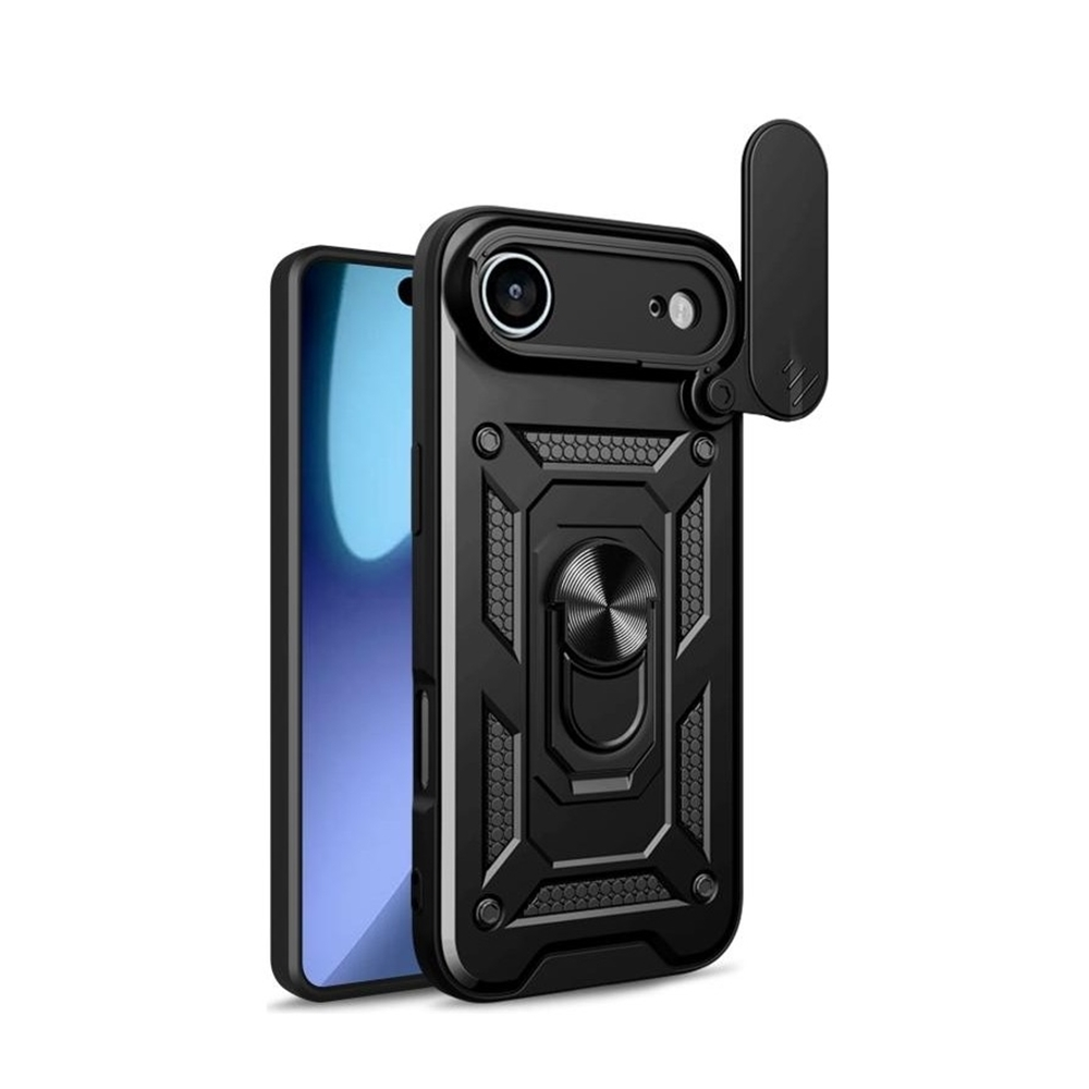 Lens eklentili siyah telefon kılıfı. Kılıfın halka tutucusu ve sağlam bir tasarımı var. Bir telefon ekranı kısmen görülebilir.