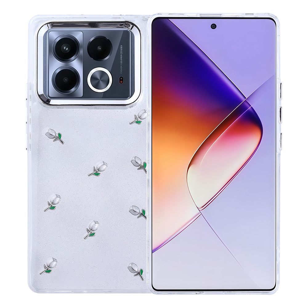 Beyaz çiçek desenli şeffaf kılıf içinde bir akıllı telefon. Telefonda bir kamera modülü ve soyut şekiller gösteren bir ekran var.