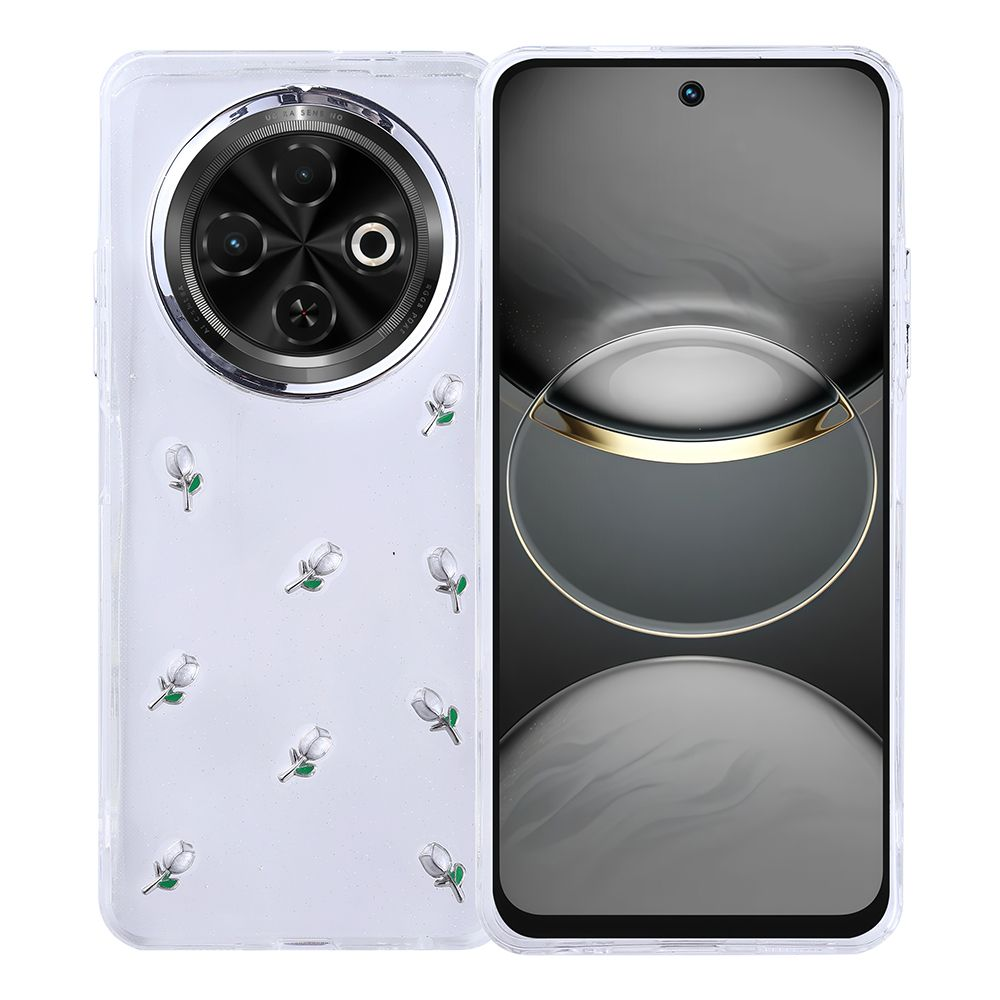 Çiçek desenli şeffaf bir telefon kılıfı. Kılıfın içinde bir telefon var. Telefonun siyah bir ekranı var.