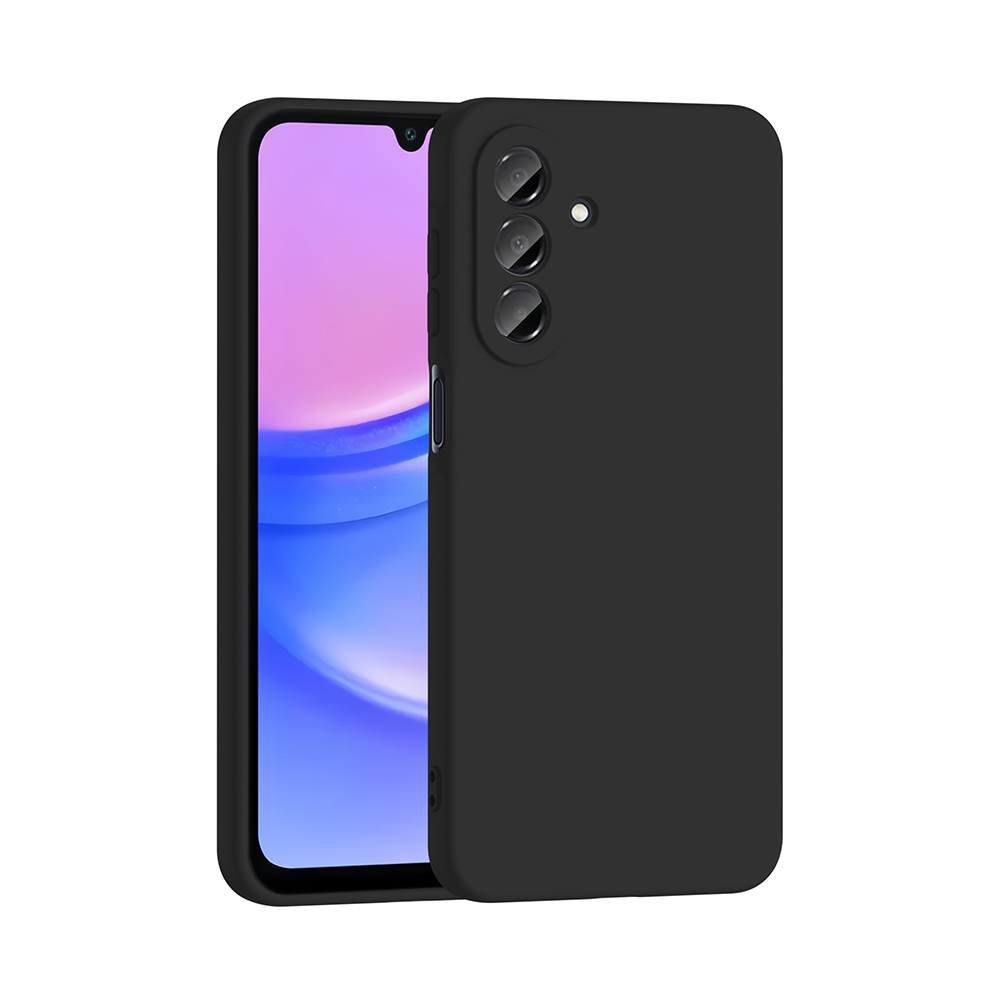 Siyah bir telefon kılıfı, pembe ve mavi ekranlı bir telefonun yanında duruyor. Kılıfın kamera ve düğmeler için kesikleri var.