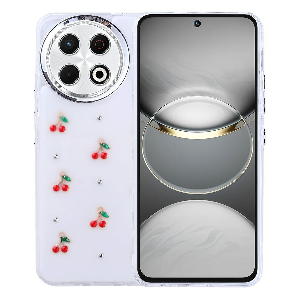 Kırmızı kiraz tasarımları ve gümüş kamera modülü olan şeffaf bir telefon kılıfı. Ekran degrade bir tasarım gösteriyor.