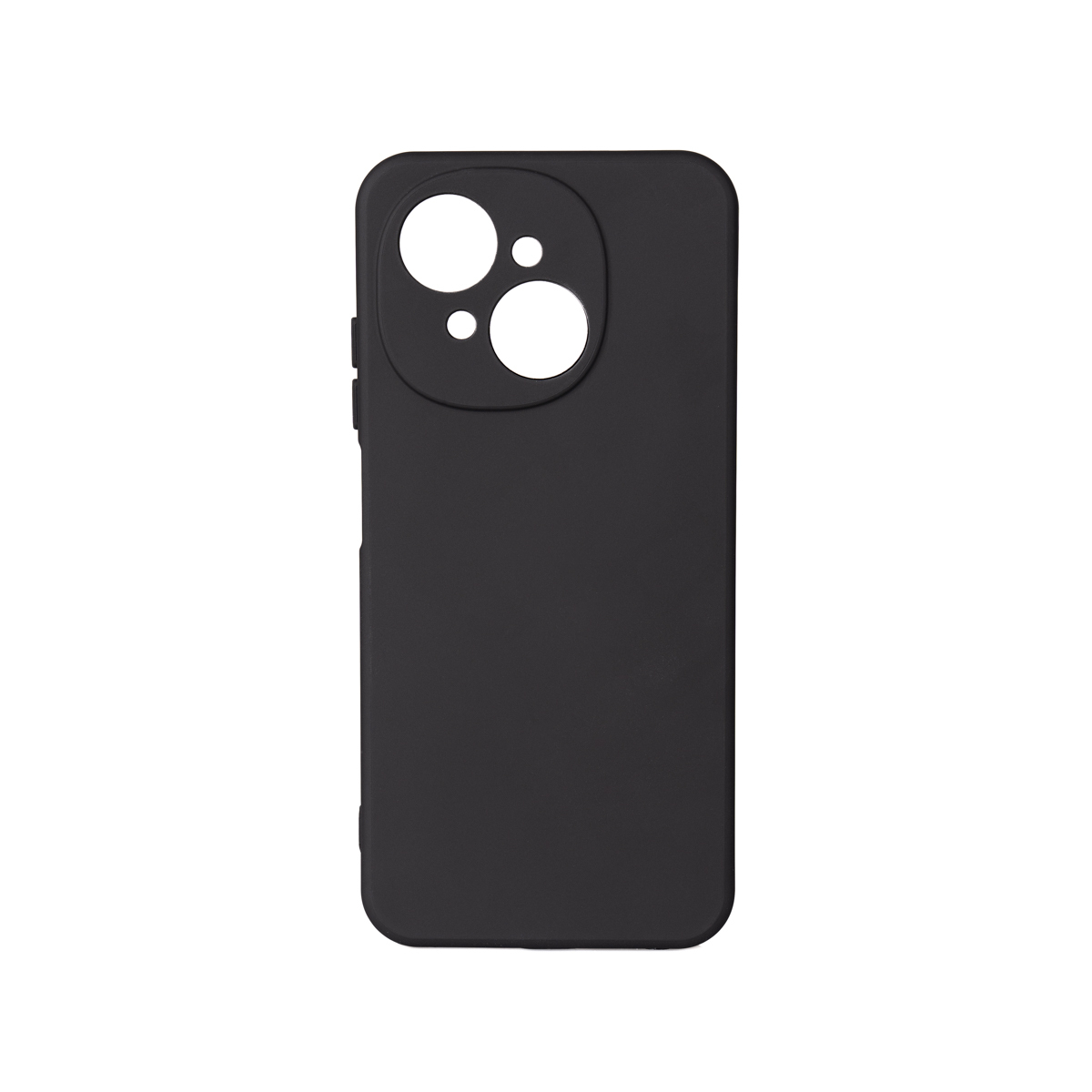 Kamera lensleri için boşlukları olan siyah bir telefon kılıfı. Beyaz bir arka plan üzerinde pürüzsüz bir yüzeye ve basit bir tasarıma sahip.